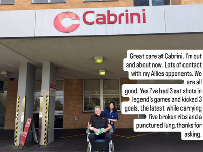 Dave Hughes shares a health update after AFL match put him in hospital