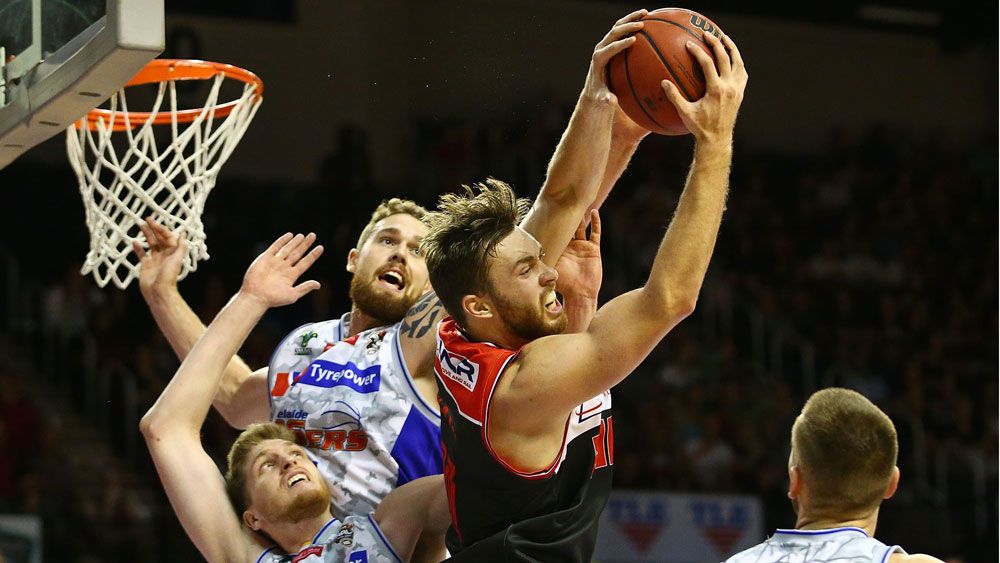 Illawarra Hawks' Nicholas Kay rebounds against the Adelaide 36ers. (Getty)
