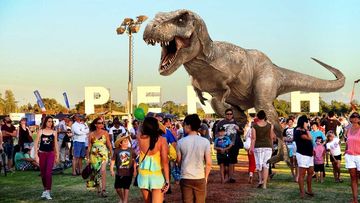 An artist's impression of Perth residents totally unfazed by the presence of a Tyrannosaurus Rex.