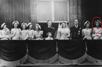 20th November 1947:  The royal group on the balcony of Buckingham Palace after returning from the wedding ceremony between Princess Elizabeth and the Duke of Edinburgh at Westminster Abbey. (left to right) Princess Margaret (1930 - 2002), Margaret Elphinstone, Diana Bowes-Lyon, Lady Caroline Montague Douglas-Scott, Lady Elizabeth Lambert, the Marquis of Milford-Haven, Prince William, the bride and groom, Lady Mary Cambridge and Lady Pamela Mountbatten.  (Photo by Topical Press Agency/Getty Image