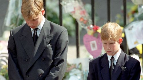Prince William and Prince Harry attend their mother Princess Diana's funeral in 1997. (AAP)