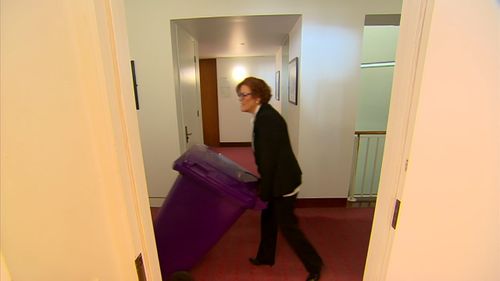 Ms O'Toole can be seen pushing the bin around parliament. Picture: 9News