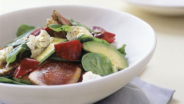 Spiced rare tuna, avocado and pickled beetroot salad