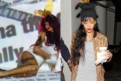RiRi got into the Easter spirit with the throwback shot to the left, plus a bunny-ear beanie. Hot.