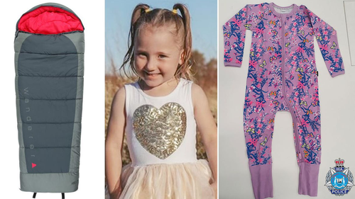 The search for Cleo Smith has entered its fifth day. Pictured are the pyjamas cleo was wearing the night of her disappearance and a similar sleeping bag. 