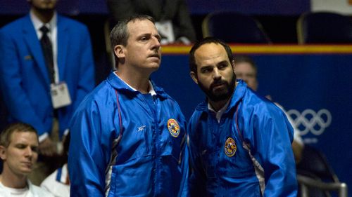 Steve Carell and Mark Ruffalo in a scene from Foxcatcher. Ruffalo has received a Best Supporting Actor nomination for the role. (AAP)
