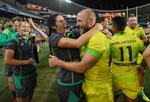 James Stannard celebrates after Australia won the Sydney Sevens final earlier this year. Picture: AAP