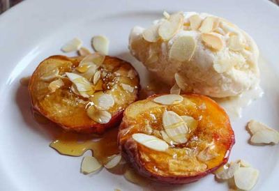 Recipe: <a href=" /recipes/ipeach/9071188/liliana-battles-honey-roasted-peaches-with-toasted-almonds" target="_top">Honey roasted peaches with toasted almonds</a>