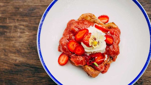 Mrs. Sippy's brioche French toast with rhubarb and strawberry compote