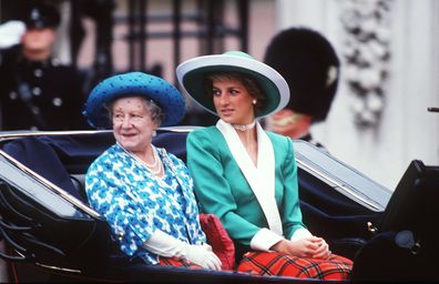 LONDON, ENGLAND - JUNE 11: Diana, Princess of Wales, wearing a green dress with a white collar and matching hat designed by Philip Somerville, and Queen Elizabeth, the Queen Mother ride in an open carriage during the Trooping the Colour ceremony on June 11, 1988 in London, United Kingdom. (Photo by Anwar Hussein/Getty Images)