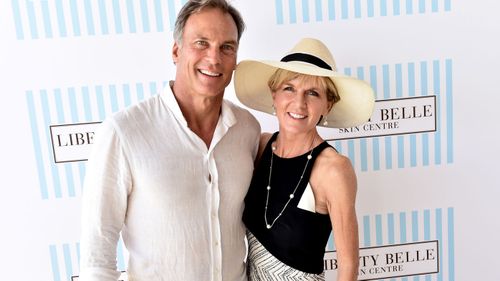 David Panton and Minister for Foreign Affairs Julie Bishop pose for photos in the Liberty Belle marquee at Portsea Polo in Melbourne. (AAP)