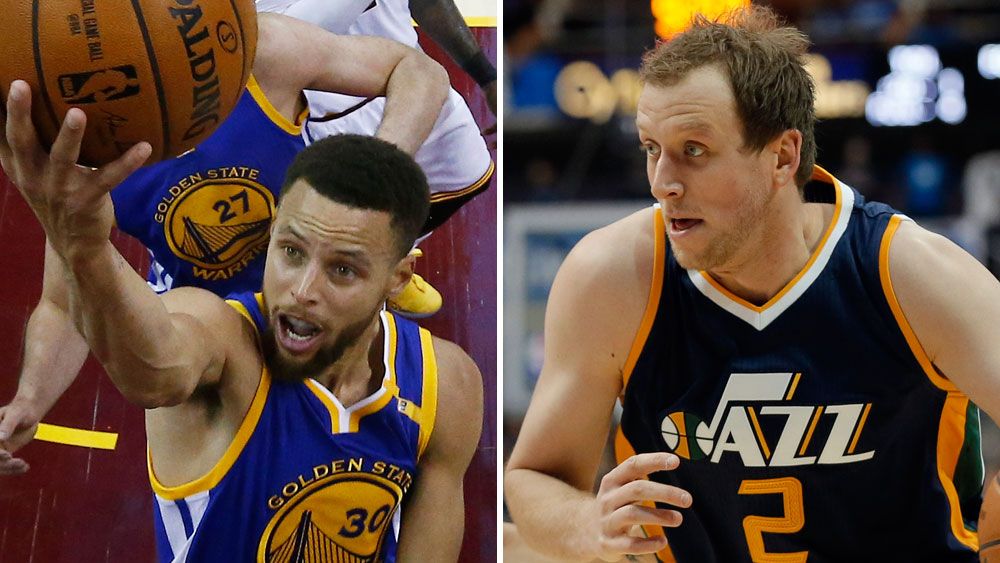 Golden State Warriors star Stephen Curry and Utah Jazz player Joe Ingles. (AAP)