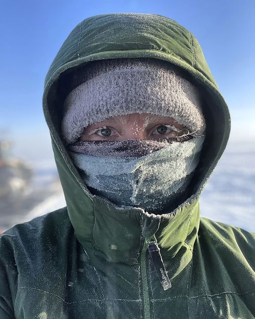 Liz Monahon takes a selfie on the polar plateau, Antarctica, Feb. 15, 2022. 