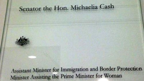 Senator Michaelia Cash’s glass door at Parliament House.