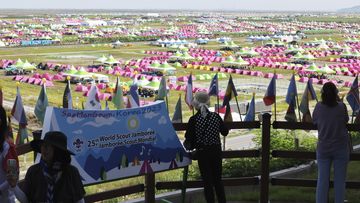 Tents are pitched at a scout camping site during the World Scout Jamboree in Buan, South Korea, Friday, Aug. 4, 2023.  