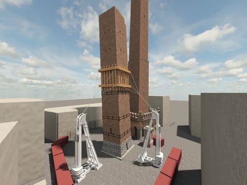 A rendering showing how the equipment from the Tower of Pisa will be used on the Garisenda tower