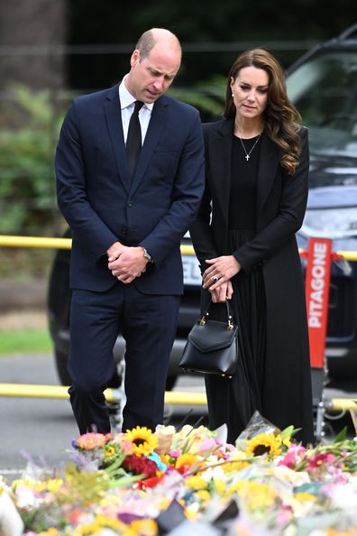 Prince William, Prince of Wales and Catherine, Princess of Wales view floral tributes at Sandringham on September 15, 2022 in King's Lynn, England.  