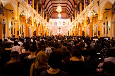 Crowd in the church, on the good friday, Cathedral of the Immaculate Conception, Chanthaburi, Thailand