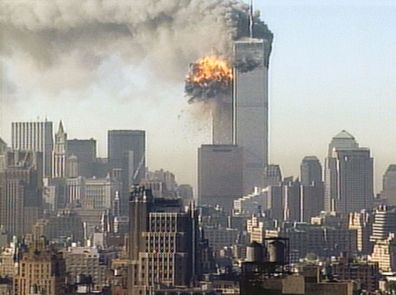 Hijacked United Airlines flight 175 is flown into the South Tower of the World Trade Center  September 11, 2001 in New York City.  (Photo by CNN via Getty Images)