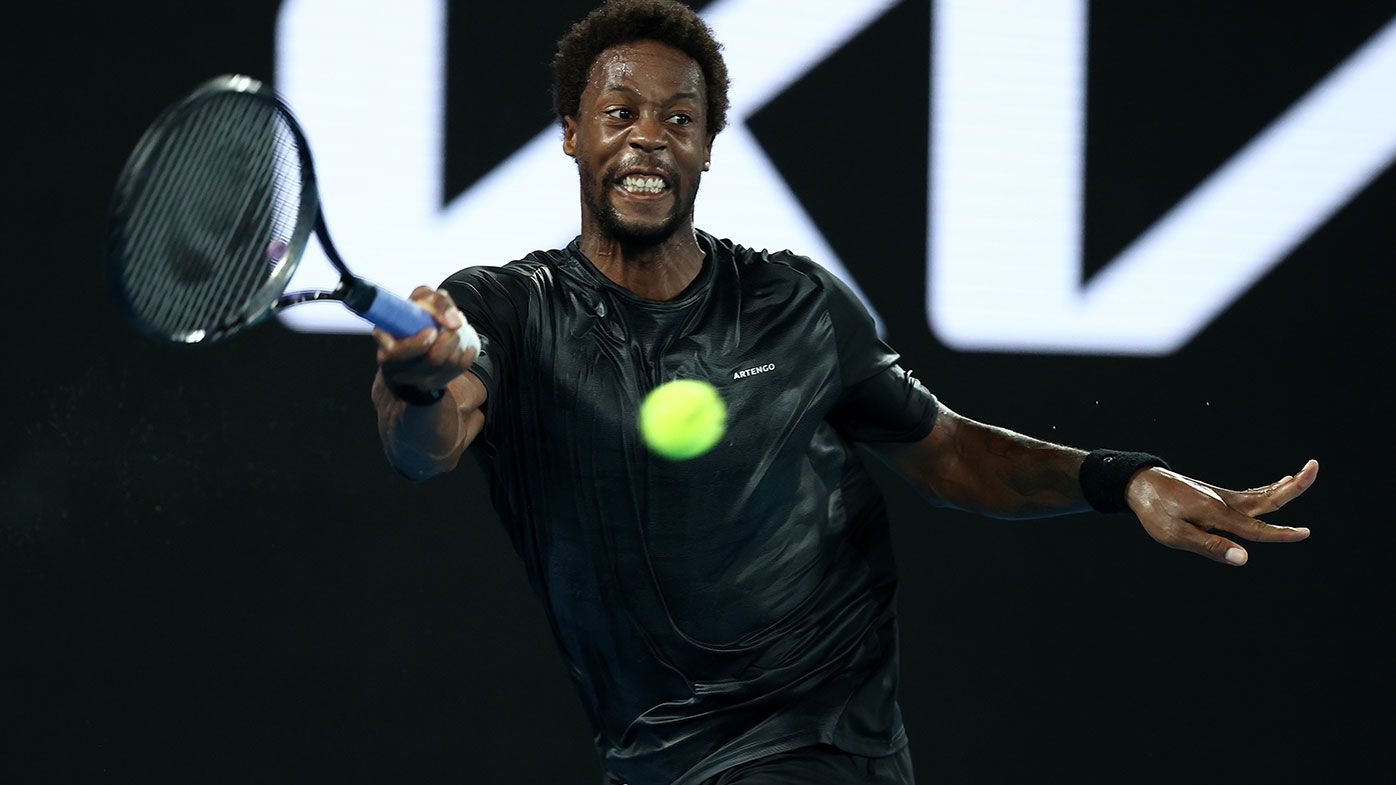 Gael Monfils of France plays a forehand in his Men&#x27;s Singles Quarterfinals match against Matteo Berrettini of Italy