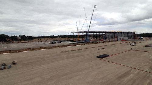 Huge steel frames are erected at the Amazon site in Melbourne.