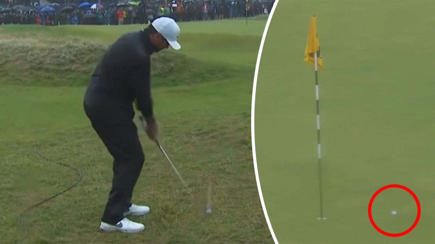 Jason Day chipping in for birdie on the par-three ninth in the final round of the Open.