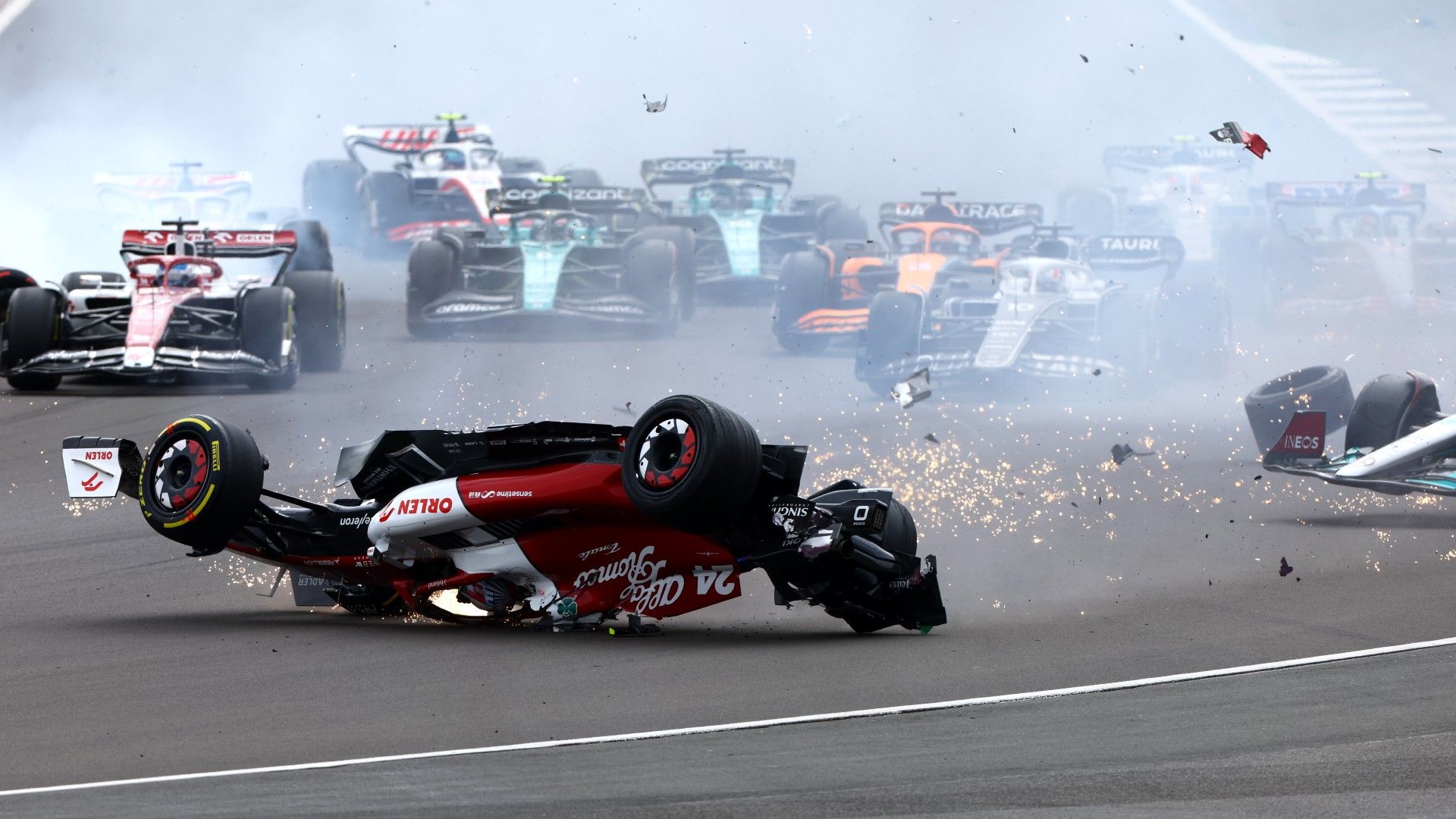 Zhou Guanyu involved in frightening first-lap crash at British GP