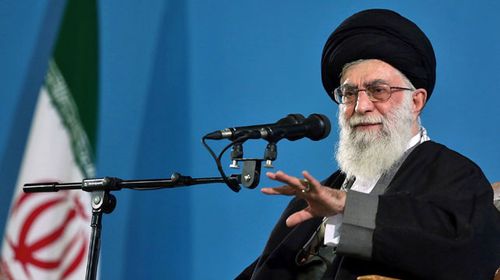 Supreme Leader Ayatollah Ali Khamenei makes a speech to a group of air force members in Tehran, Iran. (AAP)