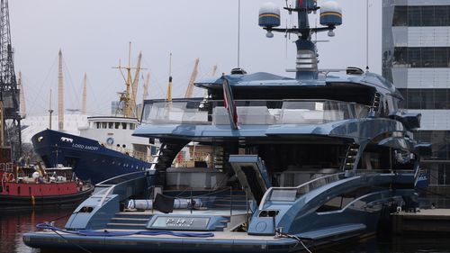 The Superyacht Phi, which was seized by UK government, at Canary Wharf 