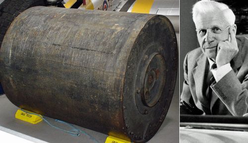 The innovative bouncing bomb and its British inventor Barnes Wallis. (Photos: RAF/AAP).