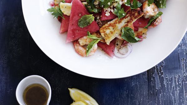 Prawn, haloumi and watermelon salad