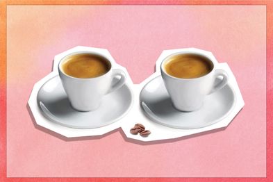 9PR: Two Cuisinox Porcelain Espresso Cups on a pink and orange background.