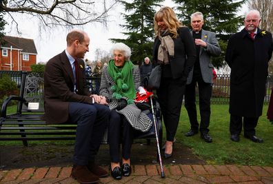 Prince William, Prince Of Wales meets with Ruby McBurney, a surviving child of a Gresford Disaster victim, during a visit to the Gresford Colliery Disaster memorial as he marks St. David's Day on March 1, 2024 in Wrexham, Wales. 