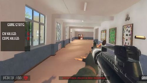 Players are encouraged to 'hunt' as many students, teachers, police and civilians in the setting of a school shooting. 