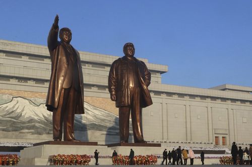 Statues of North Koreas late leaders Kim Il Sung and Kim Jong Il on New Year's Day in Pyongyang, North Korea Sunday, Jan. 1, 2023. (AP Photo/Cha Song Ho)