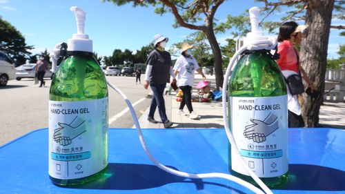 Hand clean gels are displayed at the Imjingak Pavilion in Paju, near the border with North Korea.