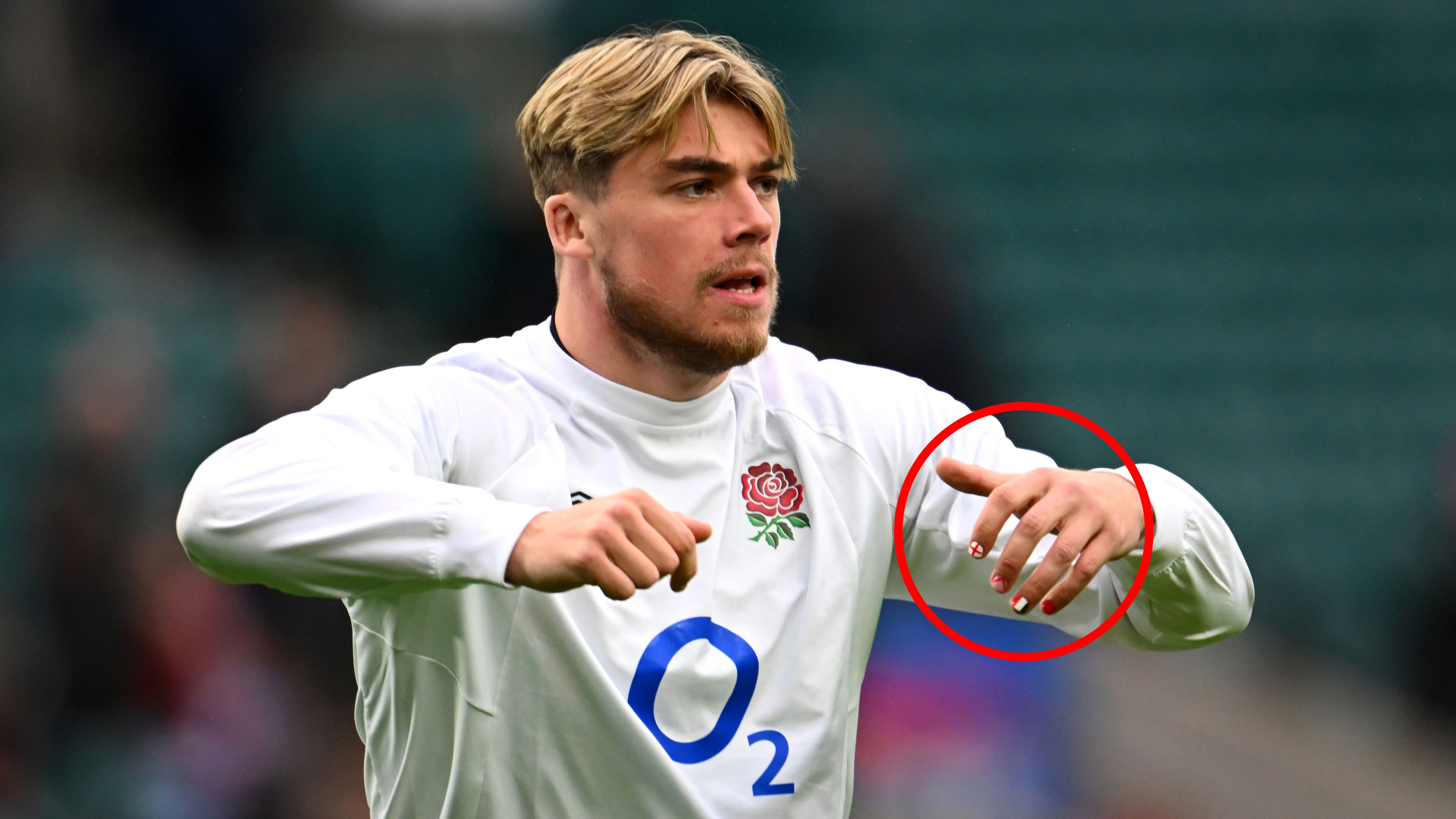 England&#x27;s Ollie Hassell-Collins warms up with his painted nails prior to the Six Nations Rugby match between England and Italy at Twickenham.