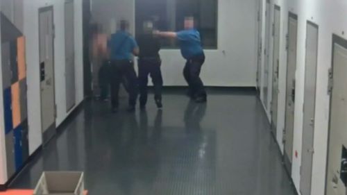 CCTV captured a senior prison officer at Eastern Goldfields Regional Prison pepper sprayed an already compliant prisoner at close range. Picture: 9NEWS