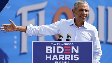 Former President Barack Obama speaks at a rally while campaigning for Democratic presidential candidate former Vice President Joe Biden.