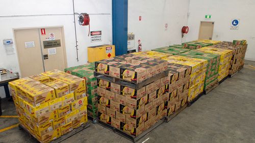 A supplied image obtained on October 6, 2017 of 3.9 tonnes of ephedrine concealed green tea bottles. (AAP)