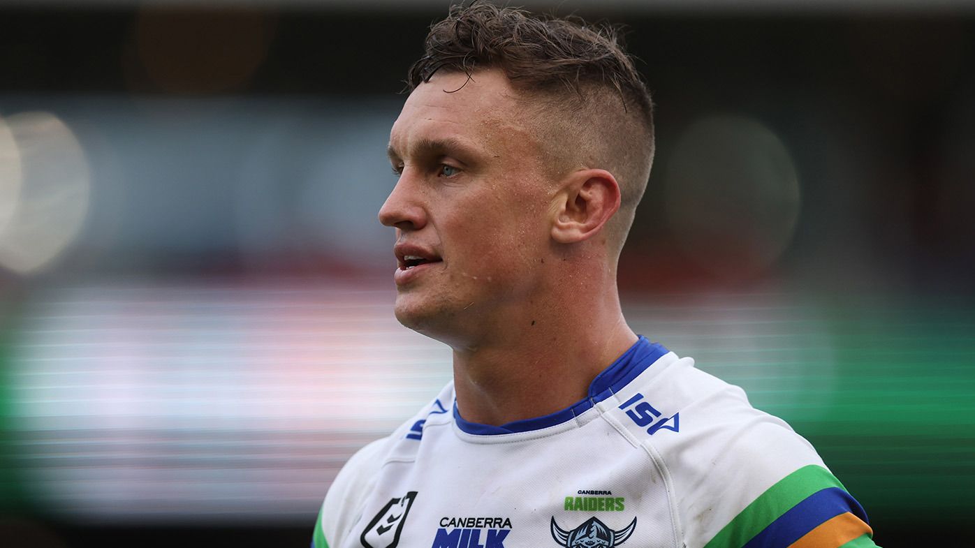 Jack Wighton of the Raiders is sent off during the round four NRL match between Newcastle Knights and Canberra Raiders at McDonald Jones Stadium on March 26, 2023 in Newcastle, Australia. (Photo by Scott Gardiner/Getty Images)