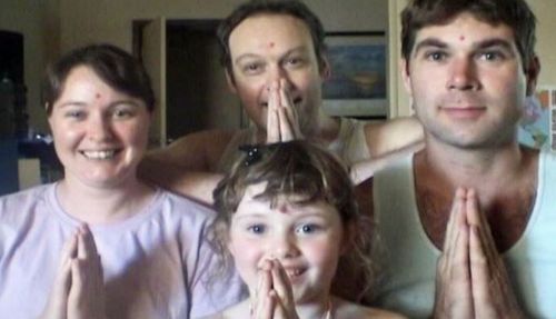 A screenshot of online cult leader Simon Kadwell with his partner Chantelle McDougall (left), daughter Leela, and friend Tony Popic.