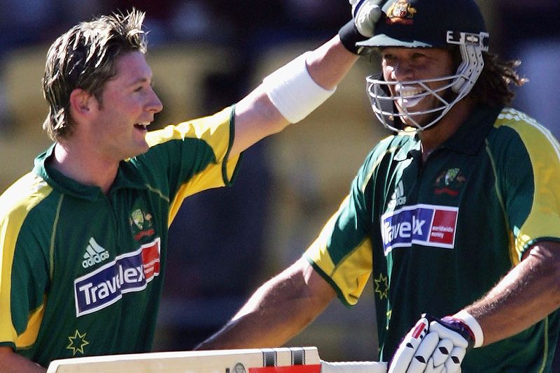 Michael Clarke (L), Andrew Symonds of Australia (R) during an ODI between Australia and New Zealand in 2005