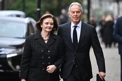 Former Prime Minister Tony Blair and wife Cherie attend the funeral of Derek Draper at St Mary the Virgin Church, on February 2, 2024 in London 