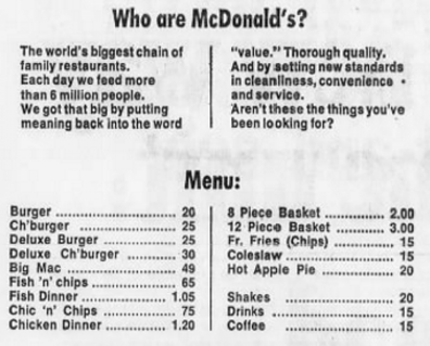 McDonald's menu 1972