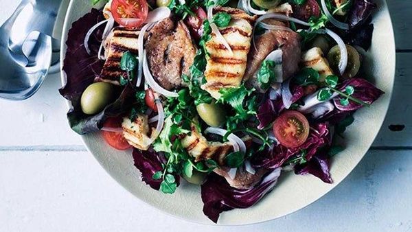 Barbecued chicken, haloumi and green olive salad