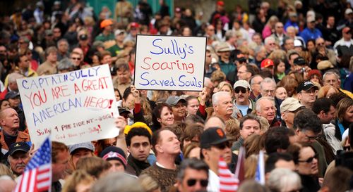 Thousands of people gather in Danville, California, to welcome home Chesley "Sully" Sullenberger on January 24, 2009.