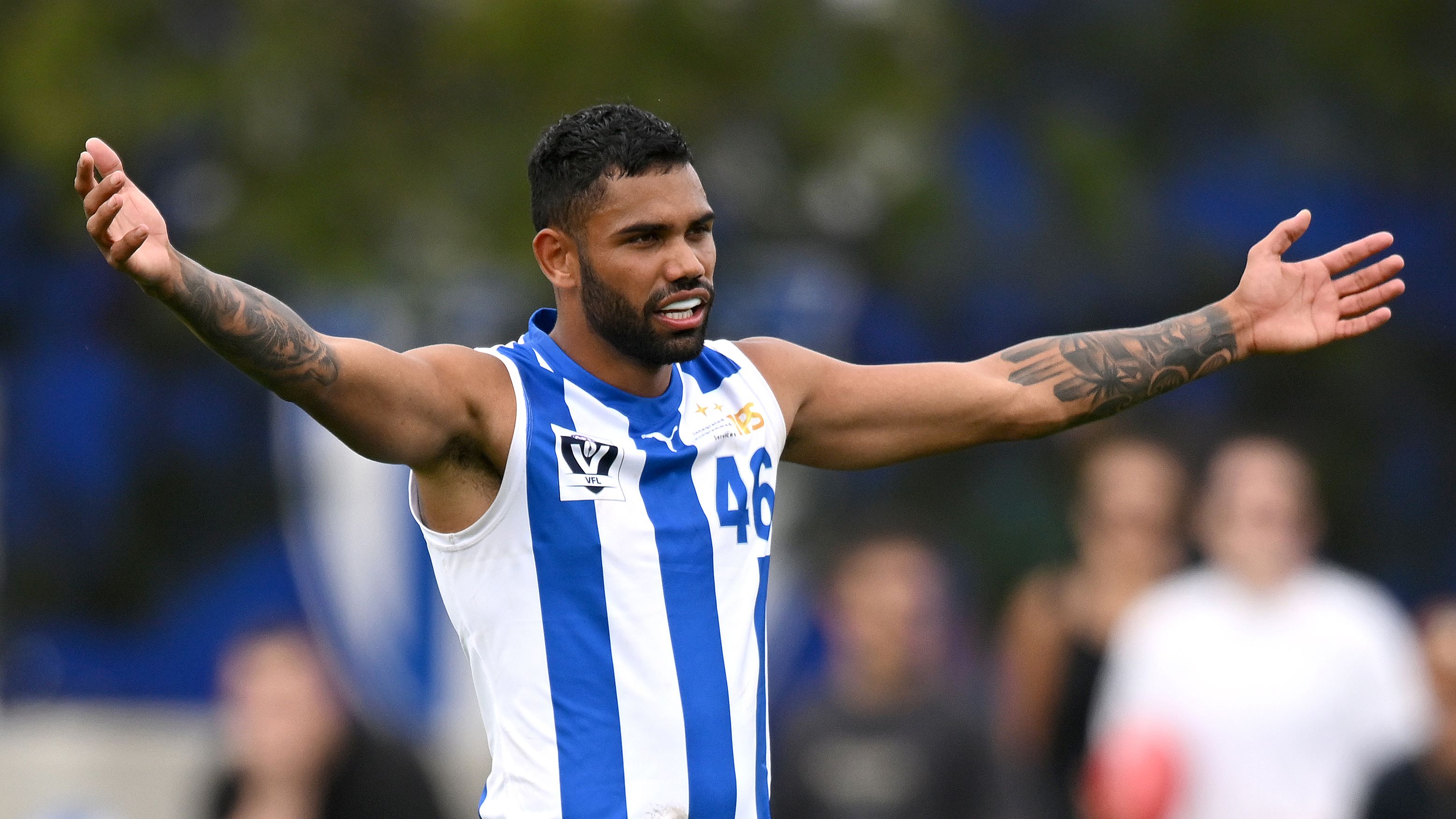 Tarryn Thomas of the Kangaroos stands on the mark during the VFL Practice Match between North Melbourne and Williamstown at Arden Street Ground on March 18, 2023 in Melbourne, Australia. (Photo by Morgan Hancock/Getty Images)