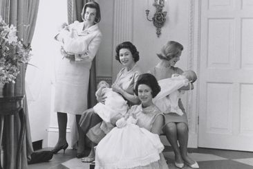 Queen Elizabeth II, Princess Margaret, Princess Alexandra and The Duchess of Kent – holding their newborn babies.