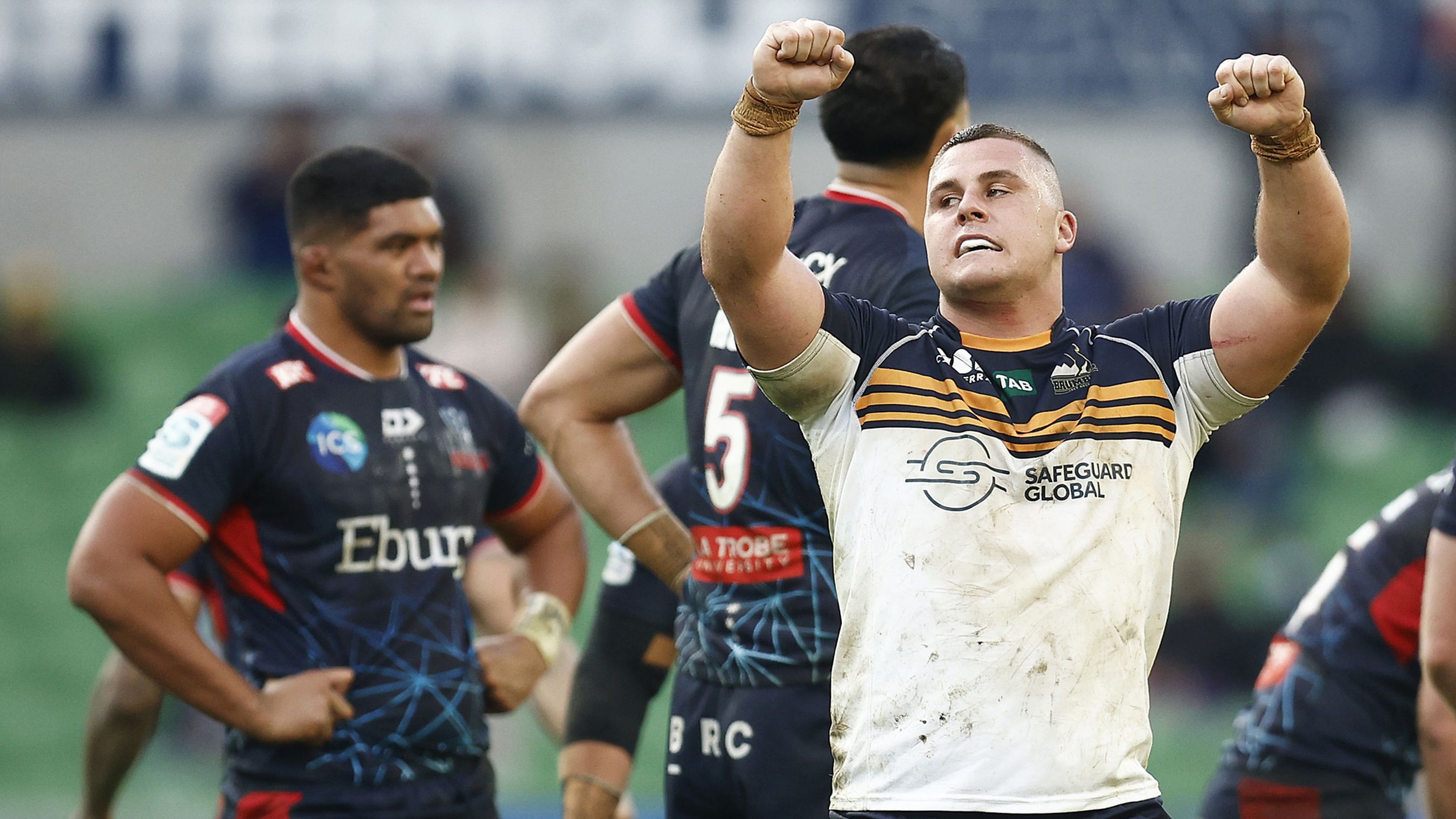 Blake Schoupp of the Brumbies celebrates winnng the round 11 Super Rugby Pacific match against the Melbourne Rebels.